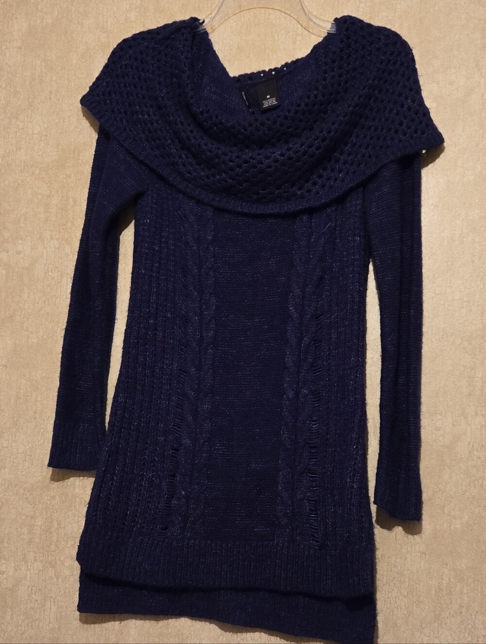 new directions Navy Cable-Knit Cowl Neck Sweater